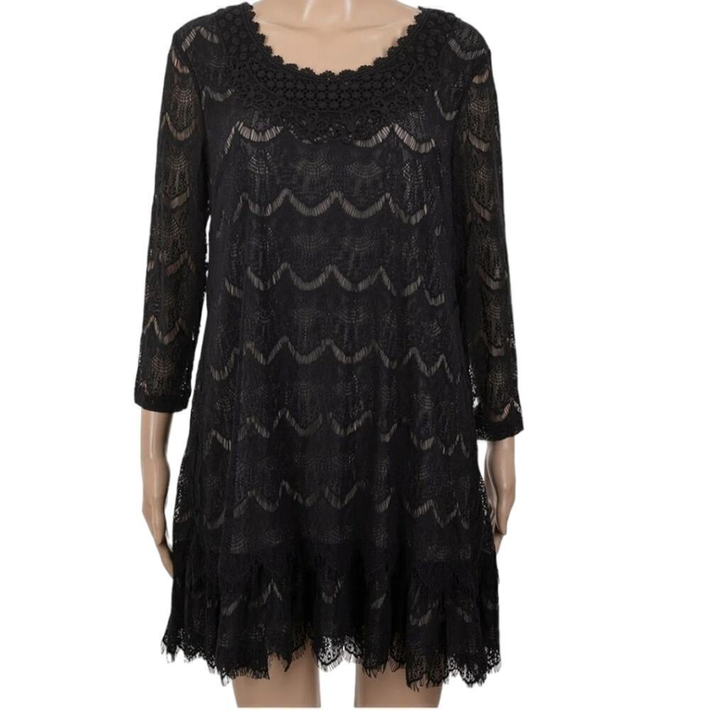Black Lace Mini Dress 1X Plus Size Scallop Hem Cocktail Party Date Night